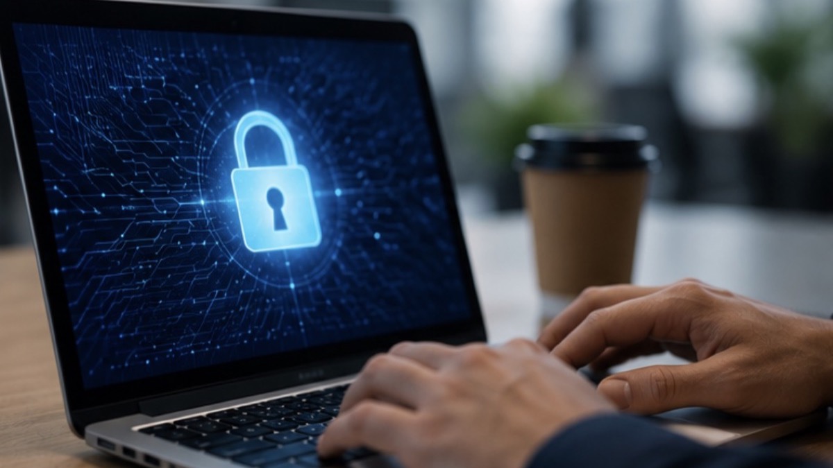 Contractor working at a laptop with a secure-login lock on screen