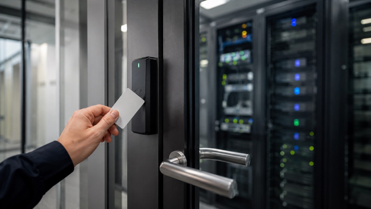 Badge access control at a secure server room door