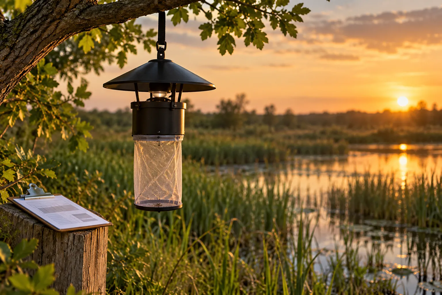 A mosquito surveillance trap hanging from a branch near a wetland at dusk.