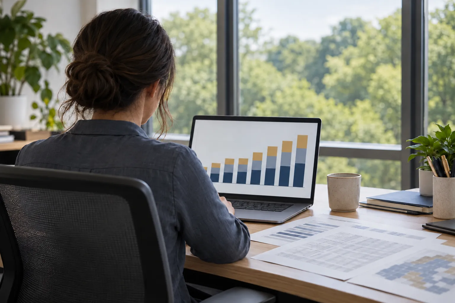 An analyst seen from behind at a laptop showing a stacked bar chart, with printed data tables on the desk and trees outside.