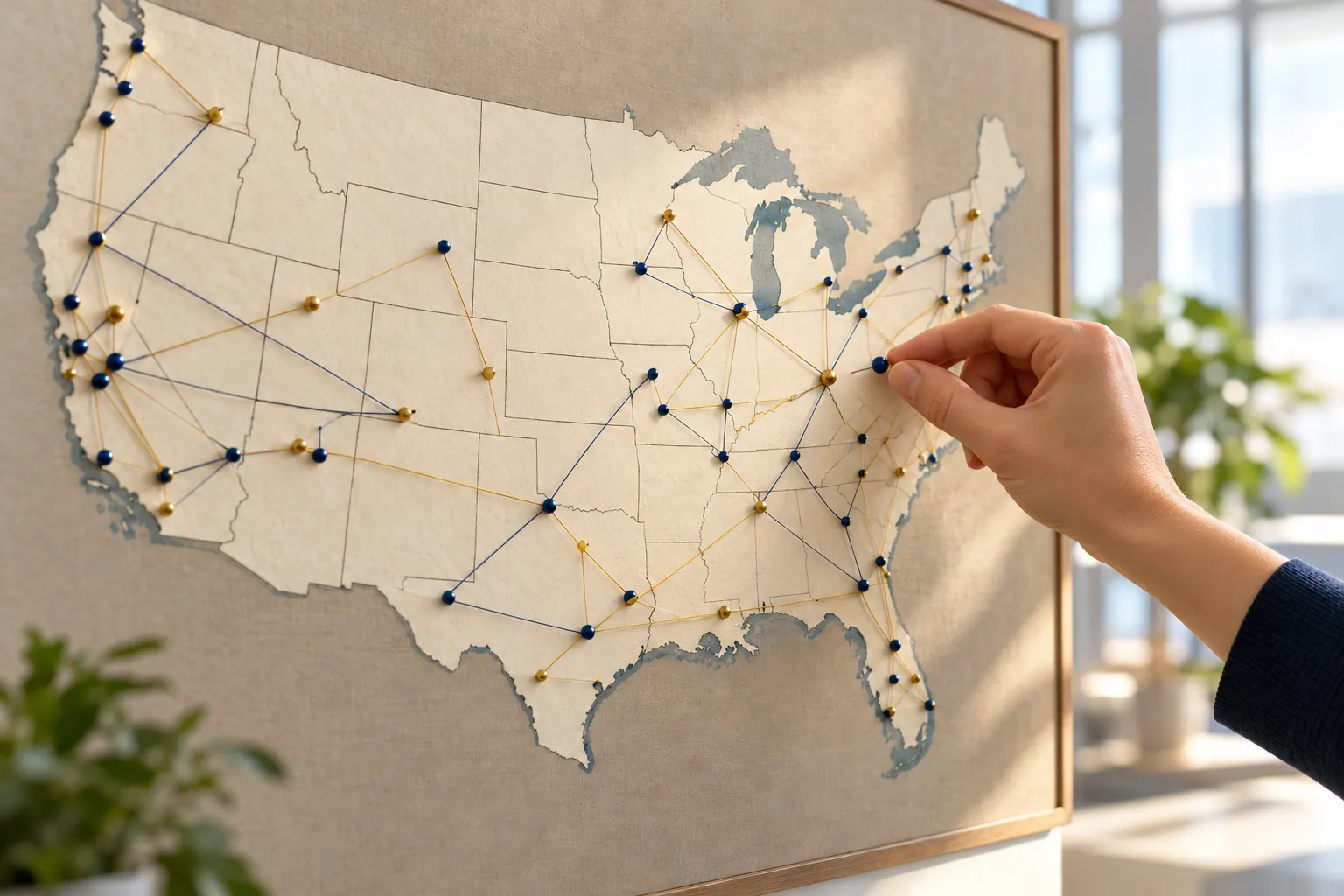 A hand placing a pin on a wall map of the United States connected by threads.