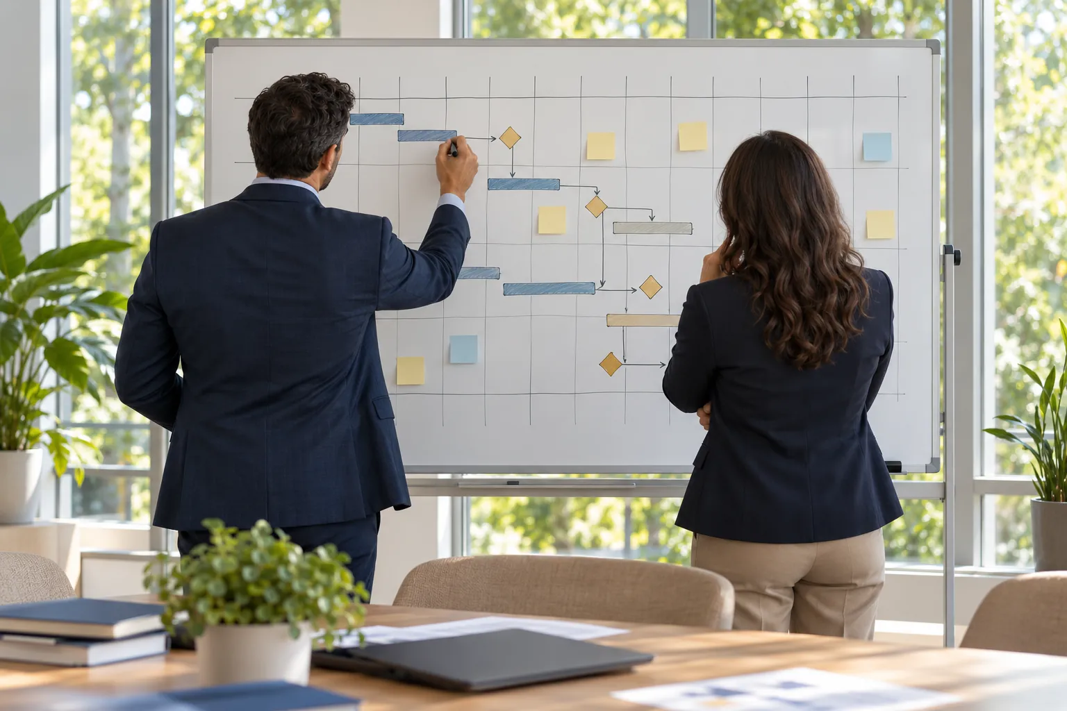 Two people at a whiteboard sketching a project timeline with milestones.