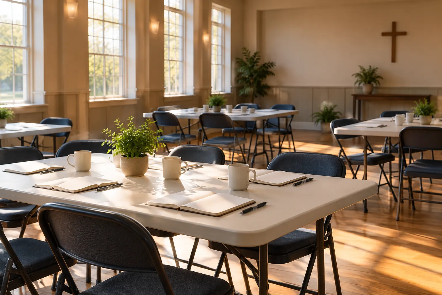 A fellowship hall set up for a community workshop with notebooks and coffee cups in morning light.