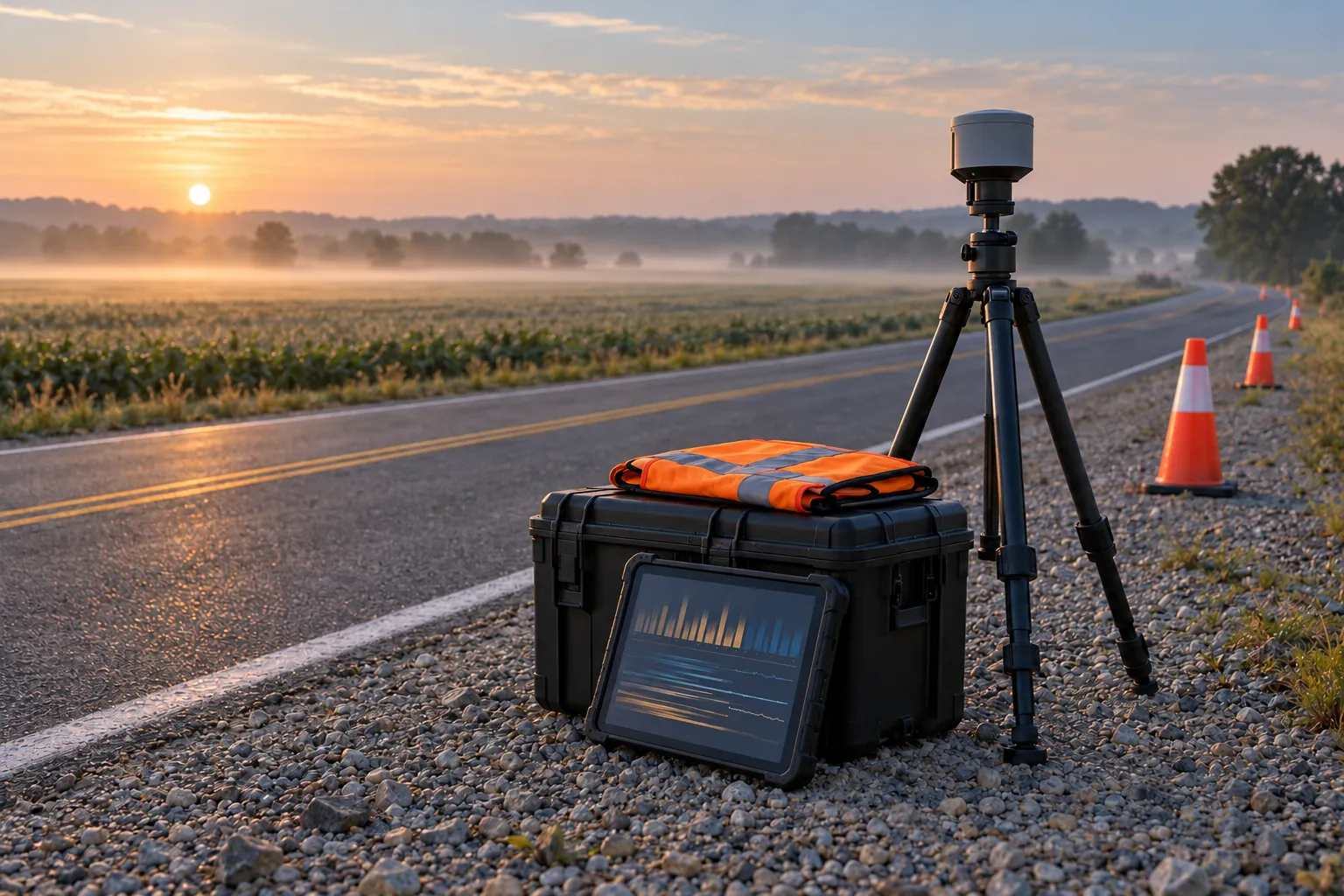 A field data kit with a tripod sensor, rugged tablet and cones on a highway shoulder at dawn.