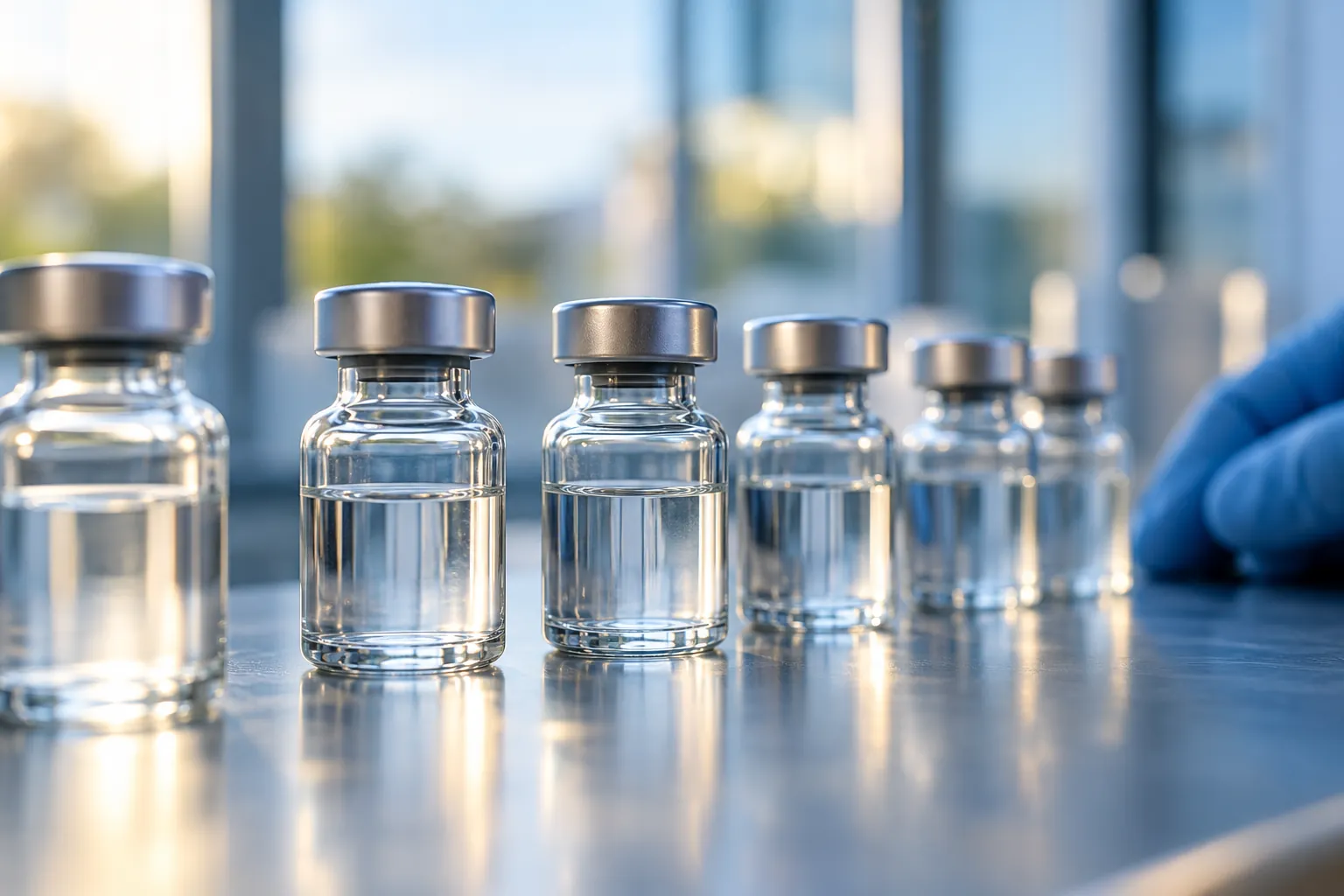 A row of glass vials on a laboratory bench in soft blue light.