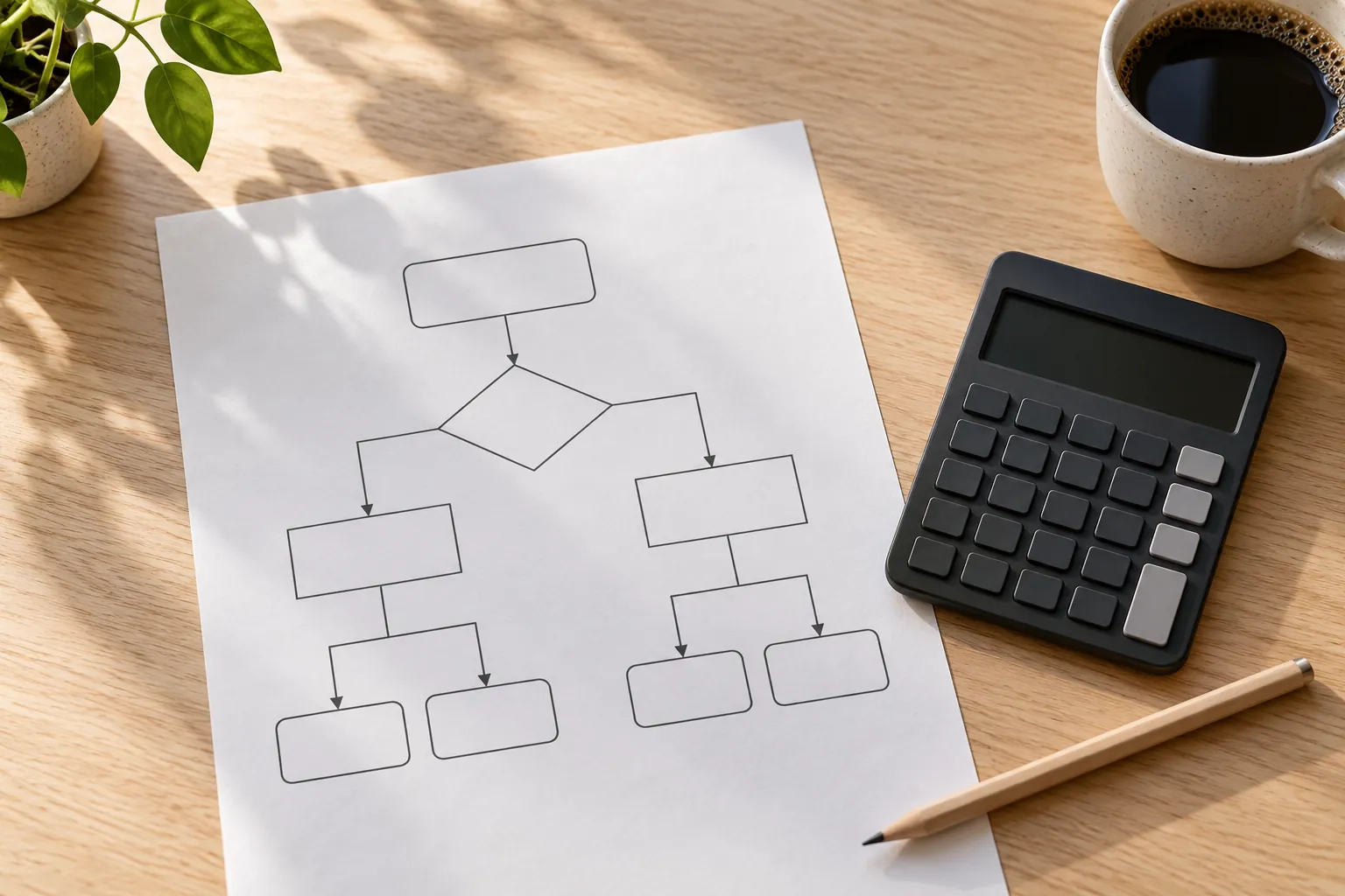 A printed decision-tree diagram with a calculator and pencil on a wooden table.