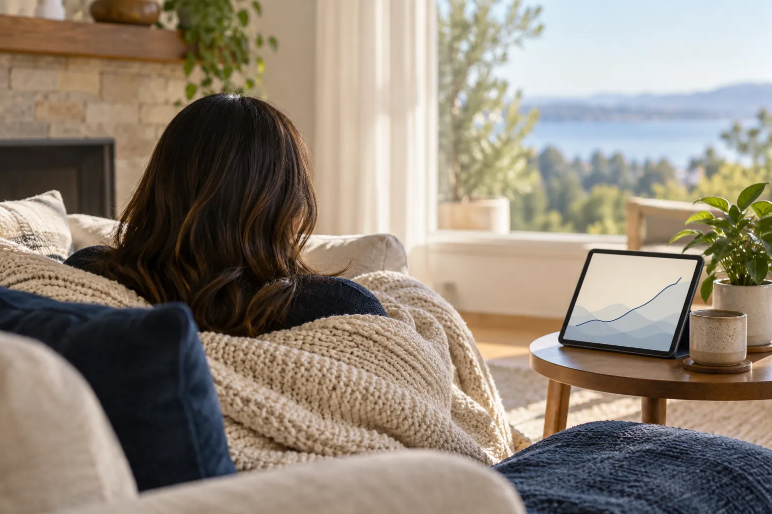 A person resting at home beside a tablet showing a symptom-tracking chart, seen from behind in soft daylight.
