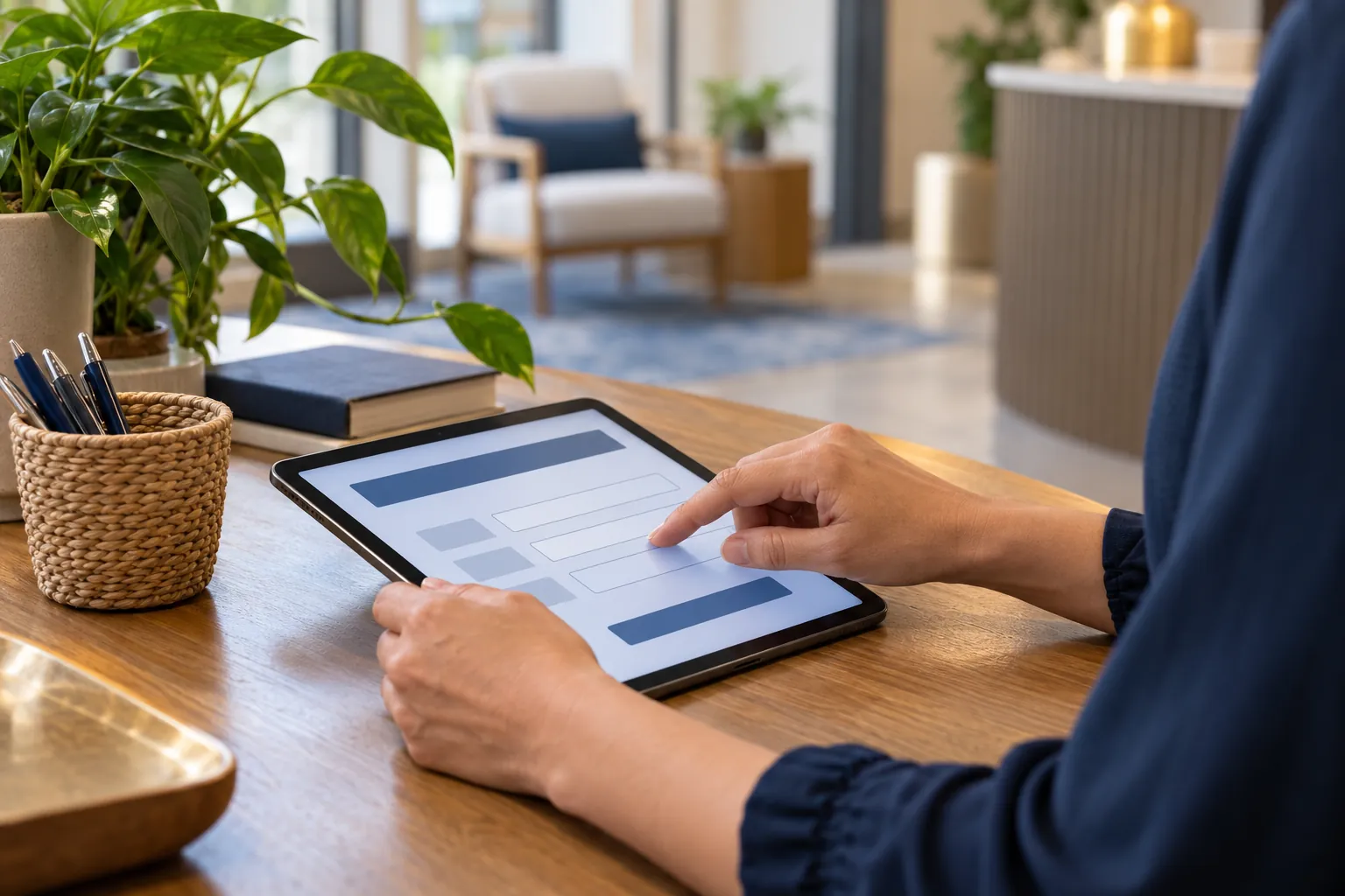 Hands filling a simple form on a tablet at a nonprofit reception table.
