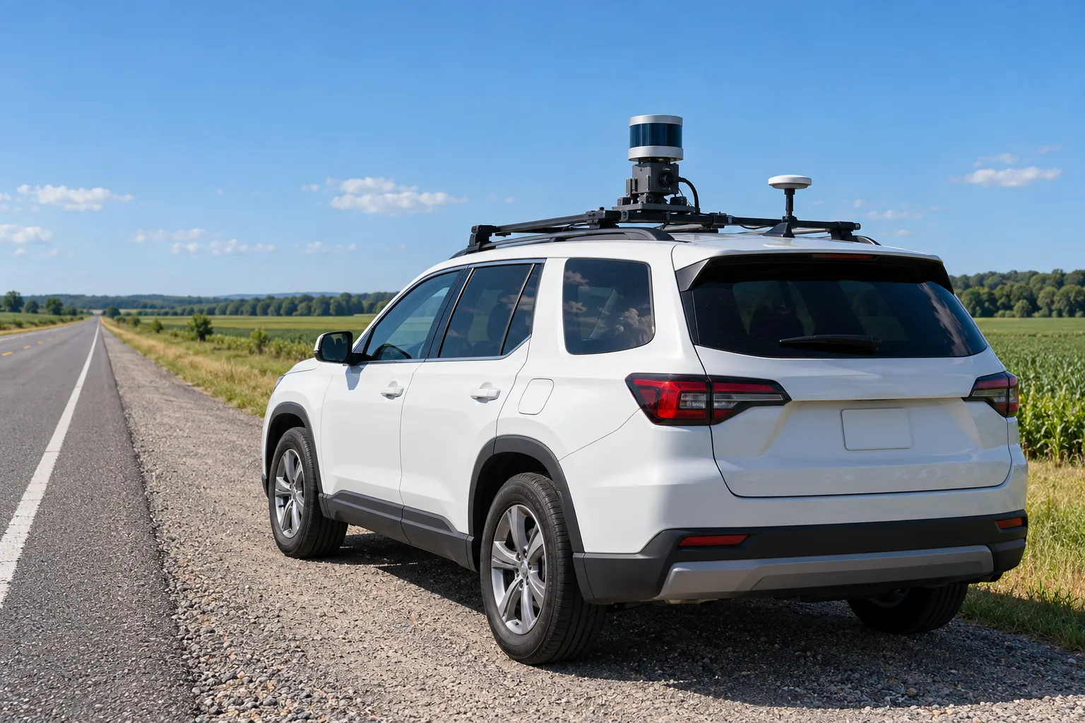 A roof-mounted LiDAR scanner on a white SUV parked on a rural road shoulder under a clear sky.