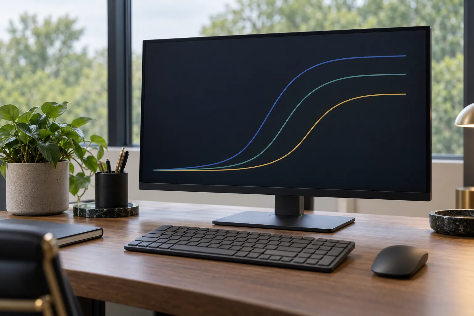 A monitor showing three S-shaped adoption curves in navy, teal and gold.