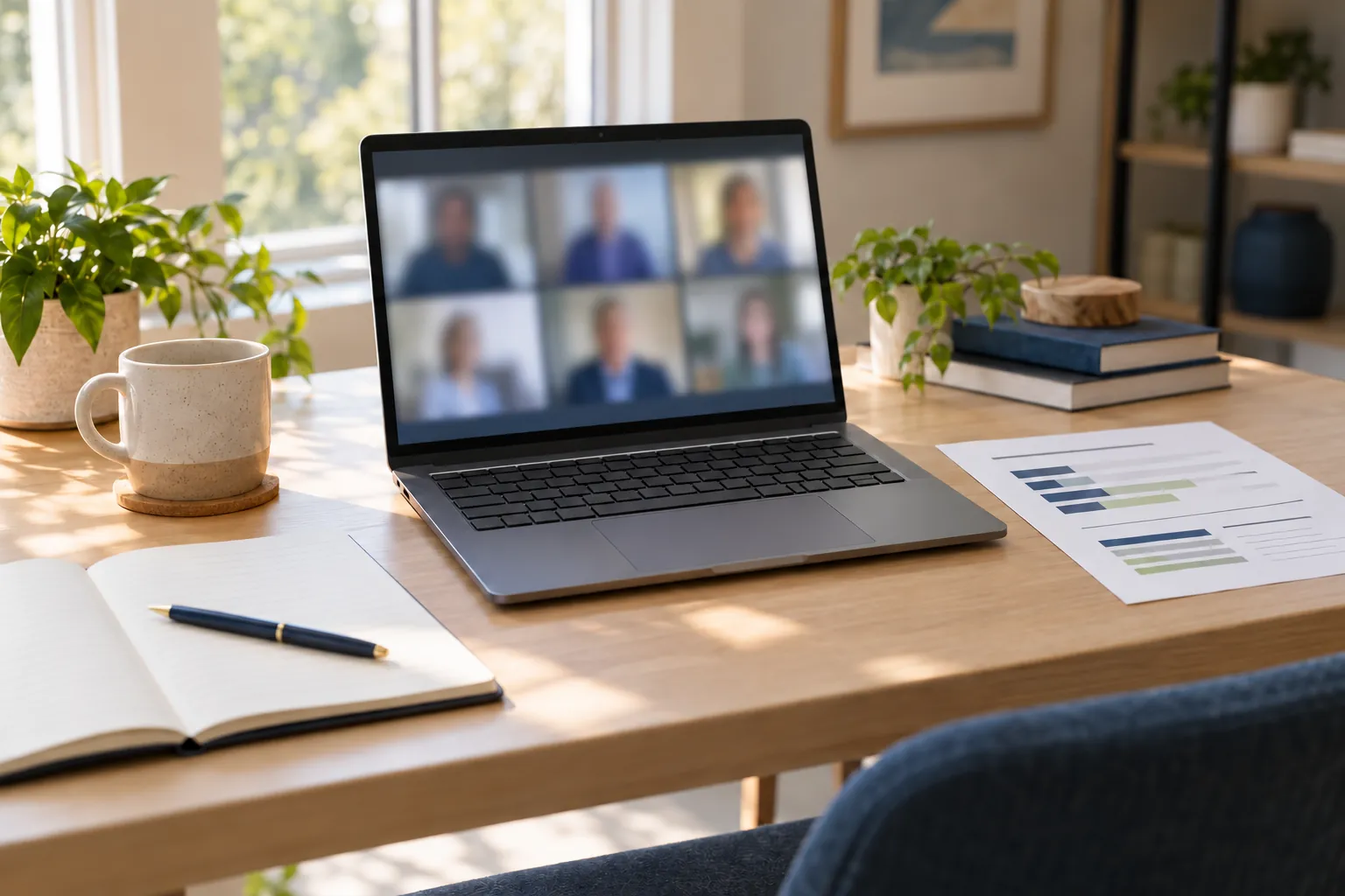 A laptop video meeting beside a printed one-page status report.