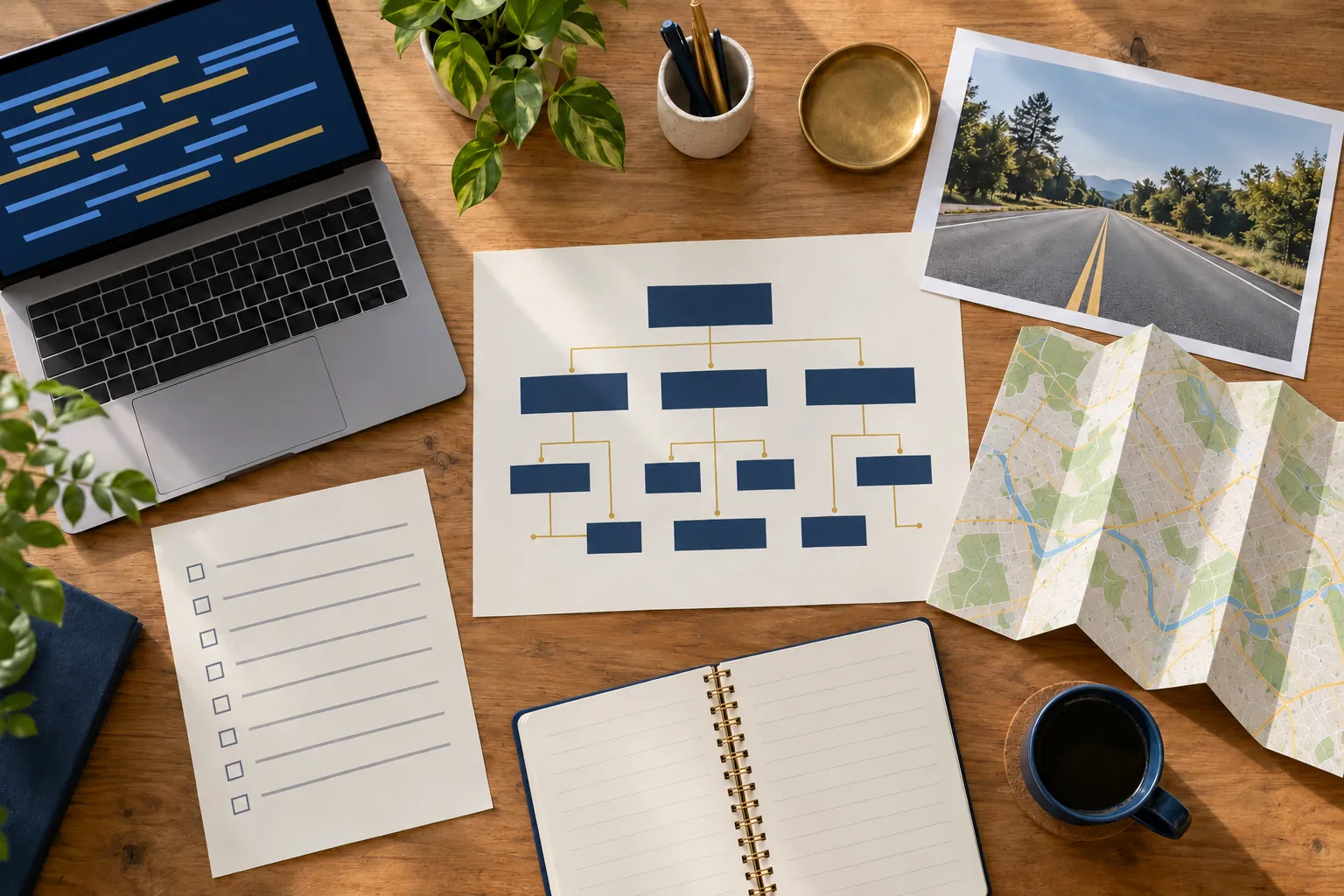 An overhead view of a project table where laptop, survey form, map and notebook surround a central plan.