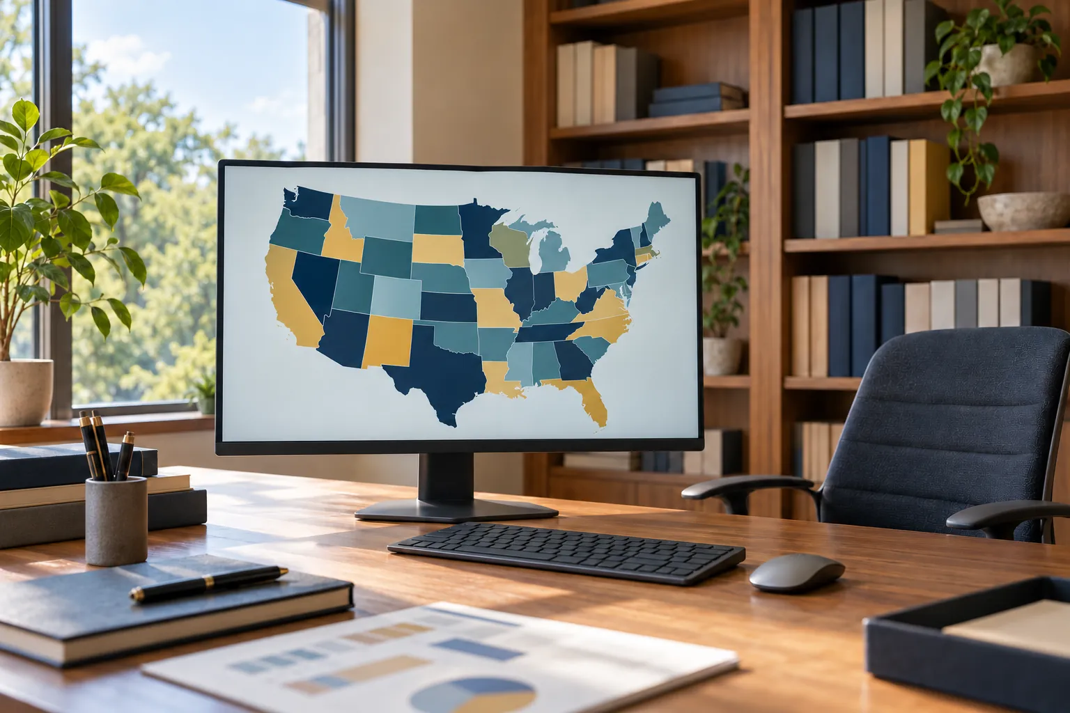 A research room with bound reports and a monitor showing a choropleth map of the United States.