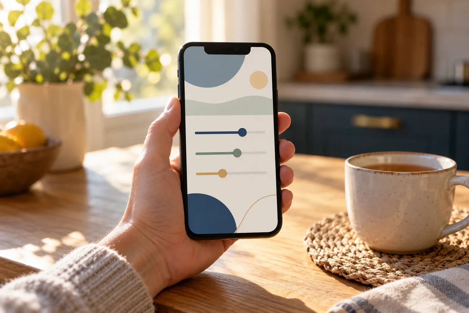 A hand holding a phone with a simple symptom check-in screen at a kitchen table.