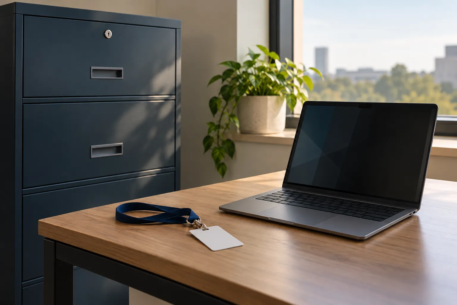 A locked file cabinet and a laptop with a privacy filter on an office desk.