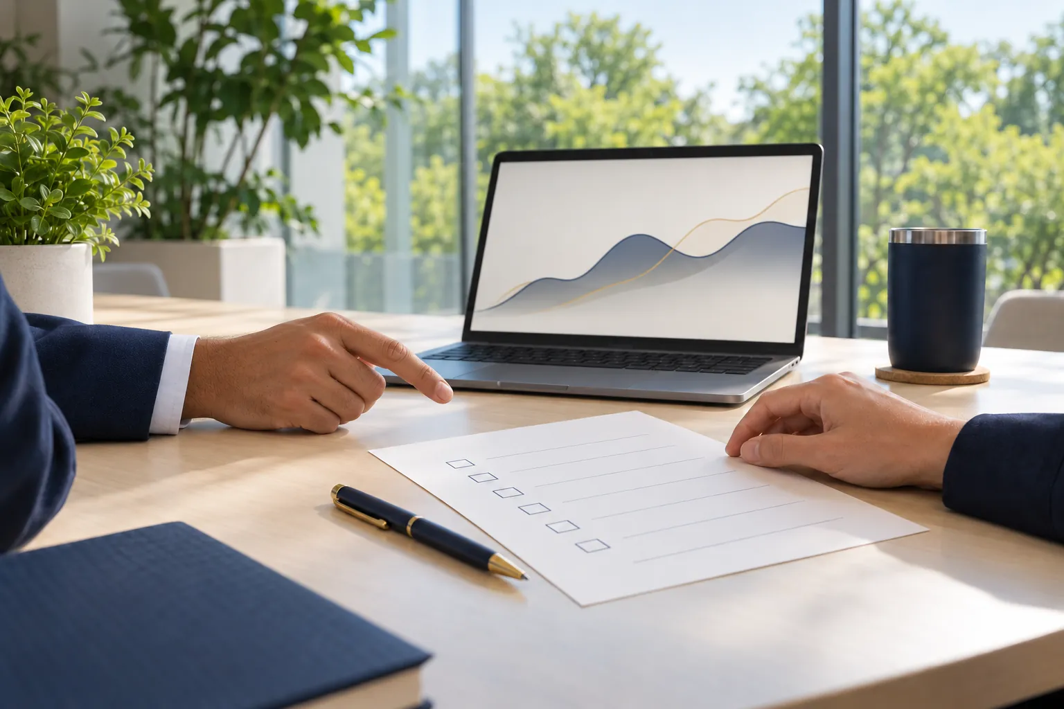 Hands at a meeting table reviewing an evaluation checklist beside a laptop showing a performance curve.