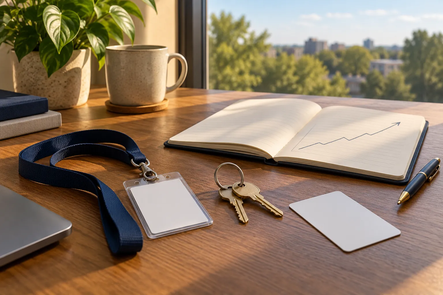 House keys, a blank ID badge on a lanyard, a transit card and a notebook with a rising line on a wooden table.