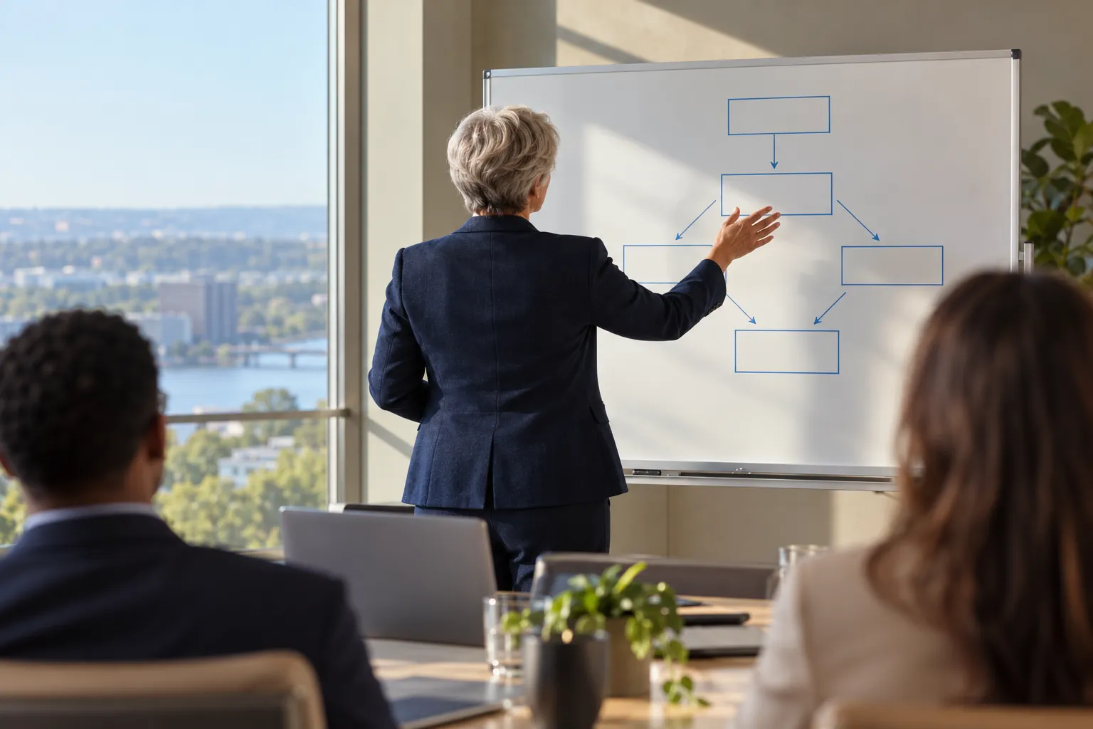 A senior lead at a whiteboard guiding a working session with colleagues.