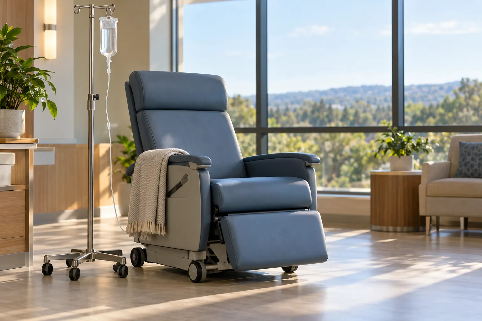 An empty infusion chair beside an IV pole in a bright, calm clinic.