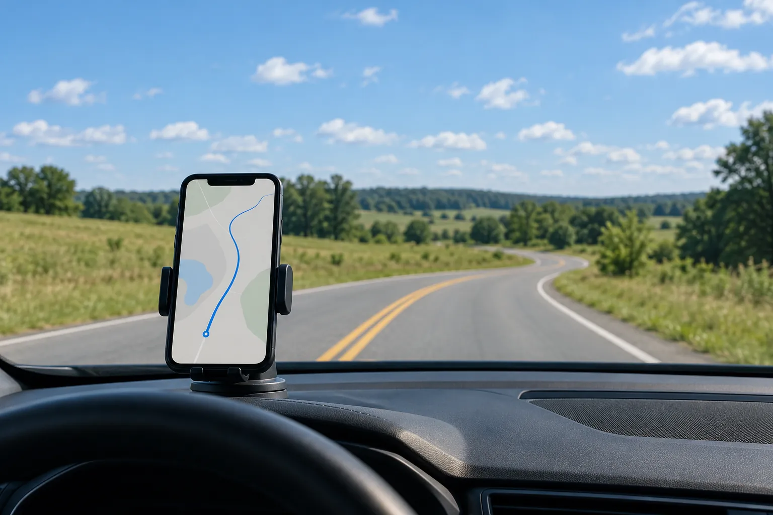 A dashboard-mounted phone showing a route line, with a two-lane rural highway ahead at midday.