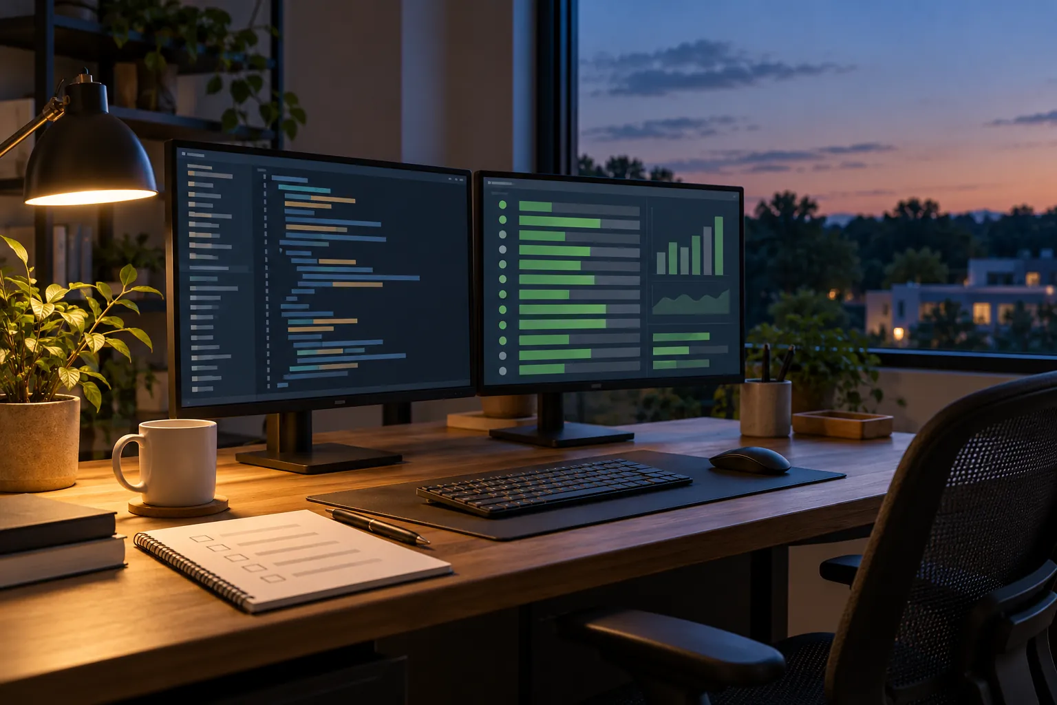 An engineering workspace with code on two monitors and a printed release checklist.