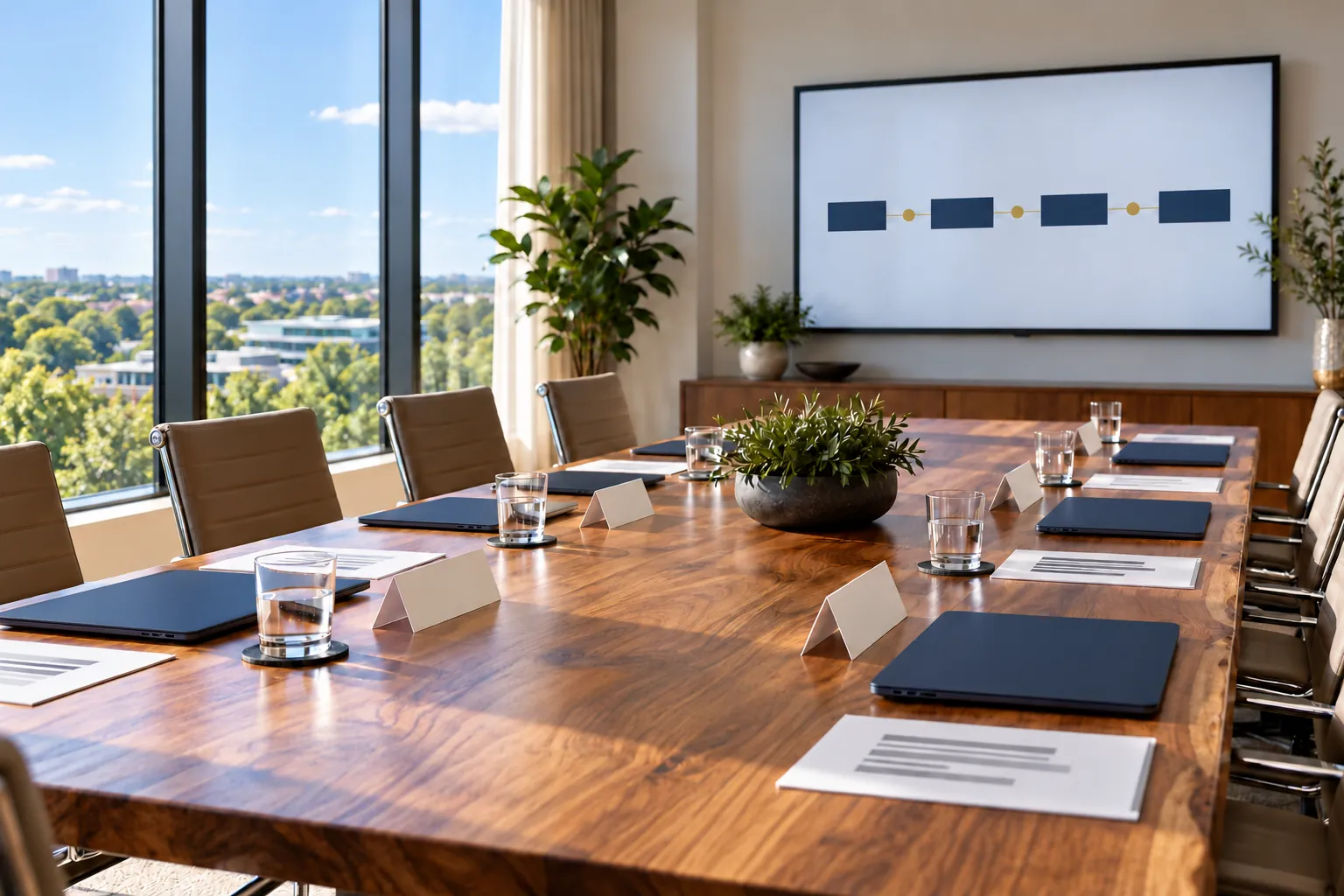 A conference room set for a project kickoff with laptops, blank place cards and a timeline on the wall screen.