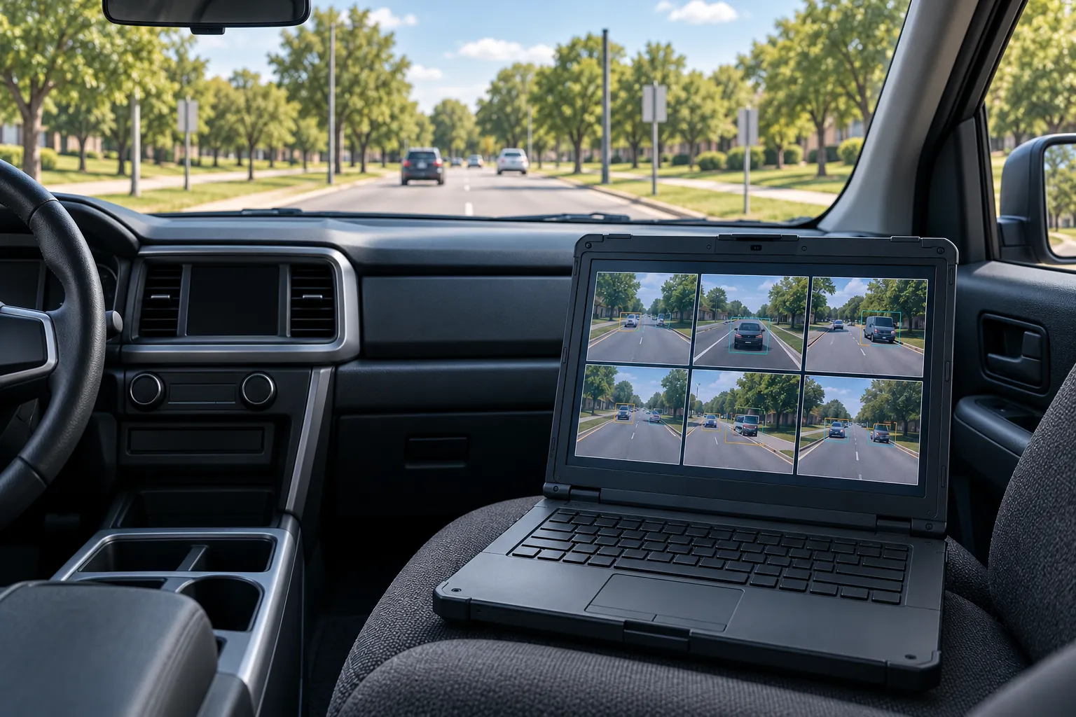 A rugged laptop on a vehicle's passenger seat showing six road camera views, with a tree-lined road ahead.