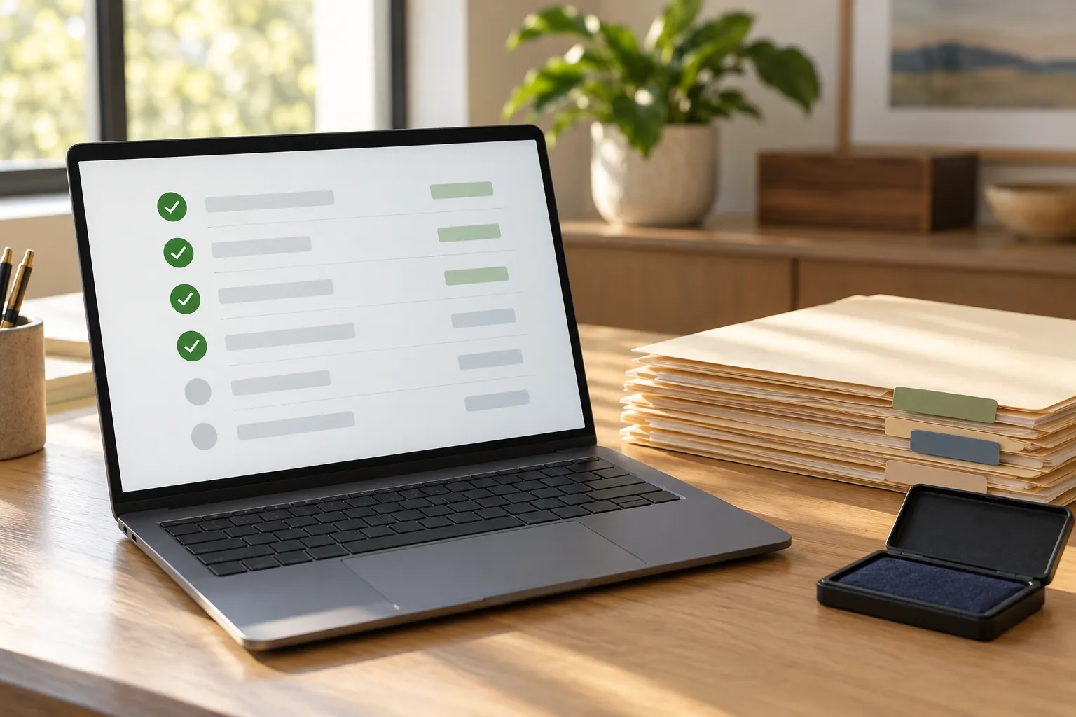A laptop showing a verification checklist dashboard beside a stack of document folders.