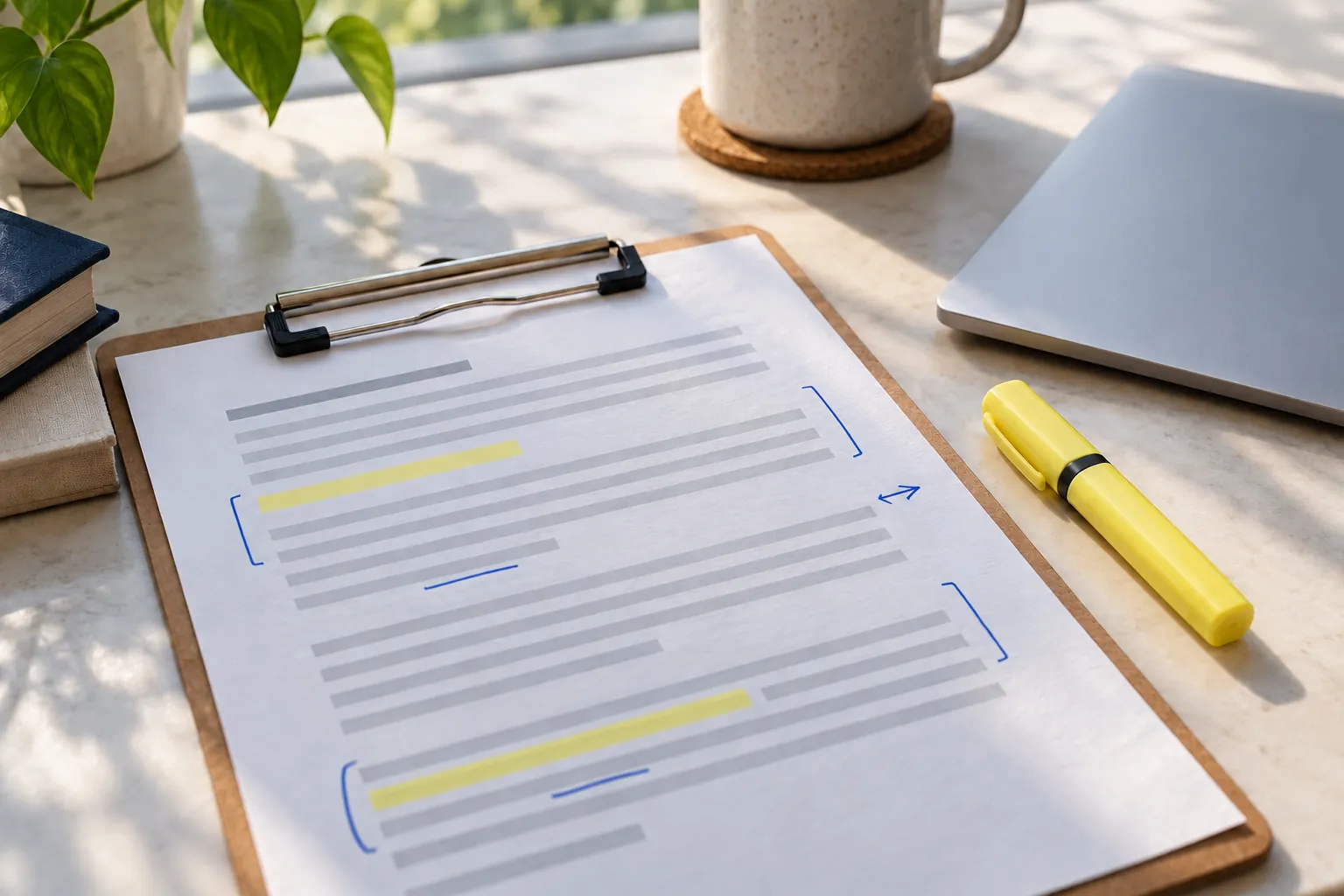 A draft statement of work on a clipboard with margin notes and a highlighter.