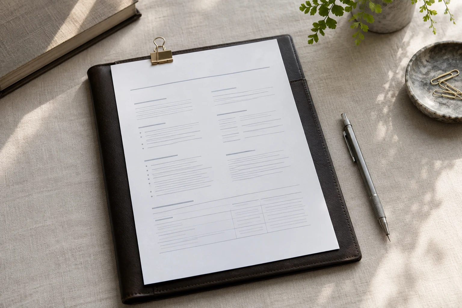 One concise scope page clipped to a slim portfolio beside a mechanical pencil on pale linen.