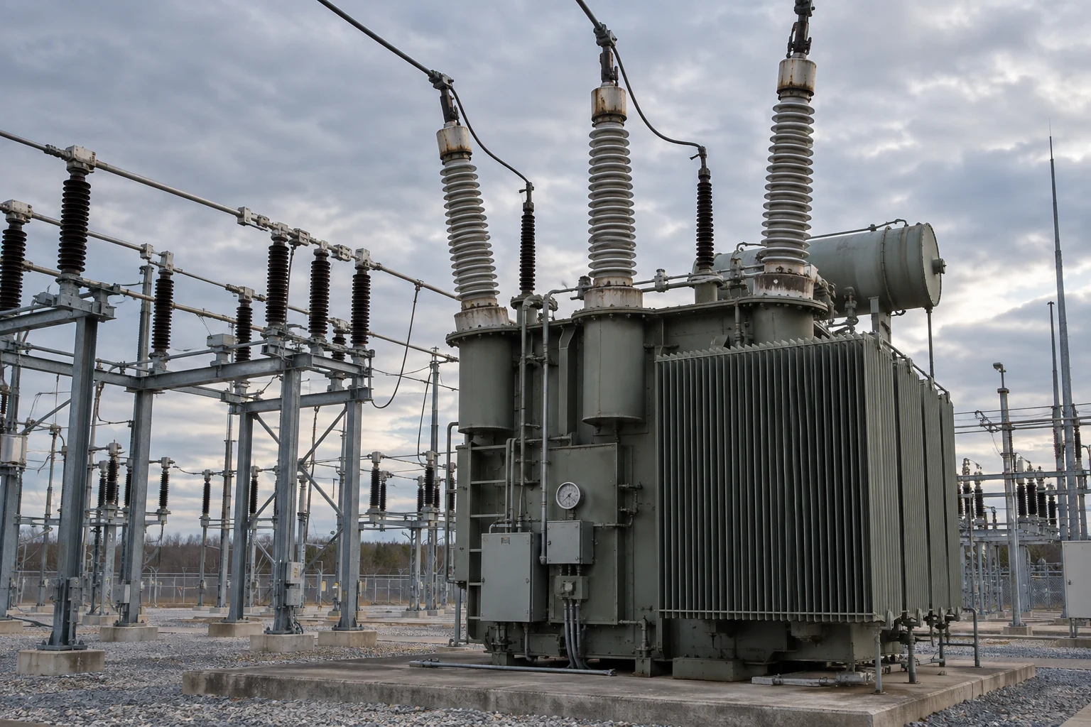 Transformer equipment and ceramic bushings at an electrical substation.