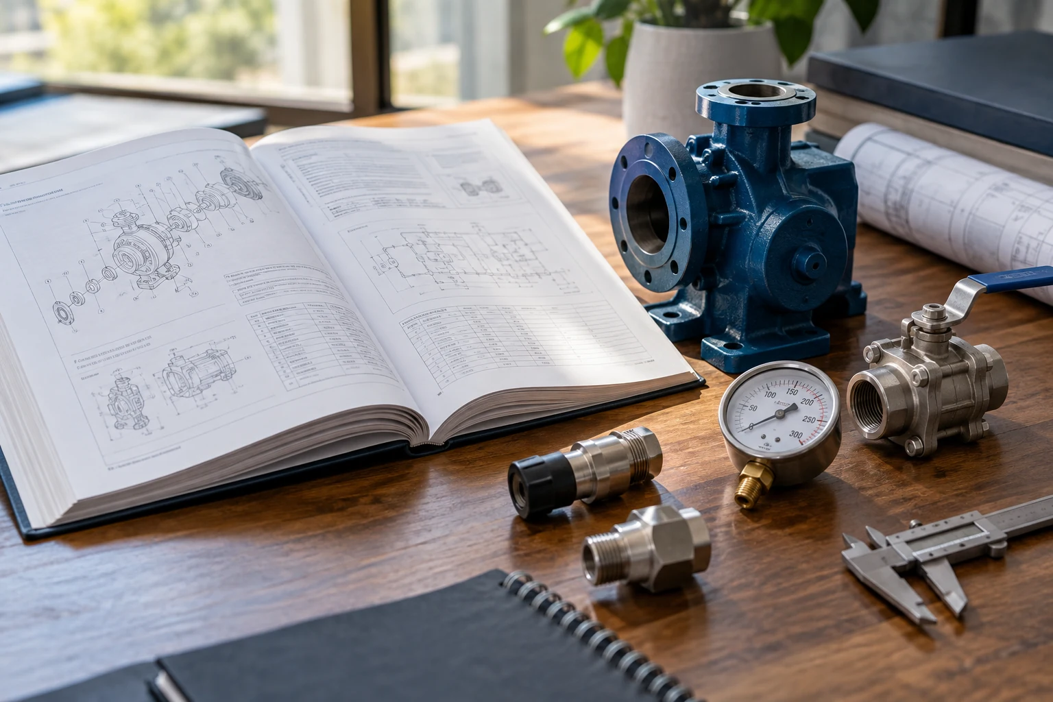 An open technical reference manual beside a carefully arranged set of actual engineering component samples.