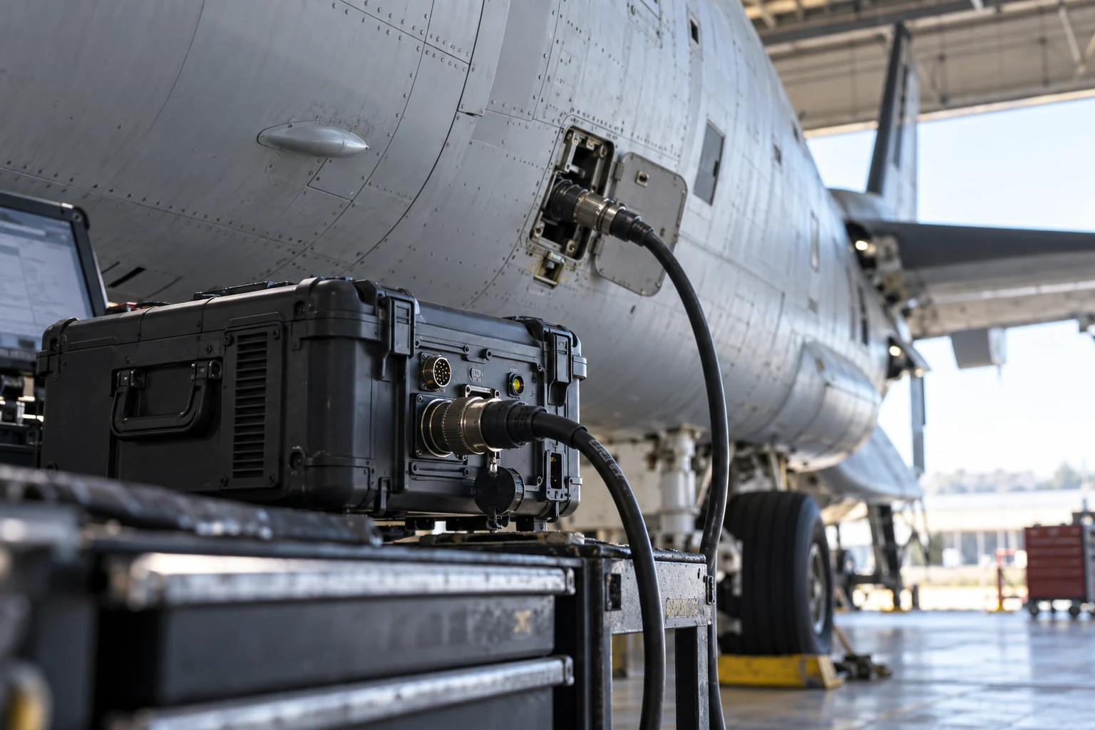 A data acquisition unit connected at an aircraft maintenance station.