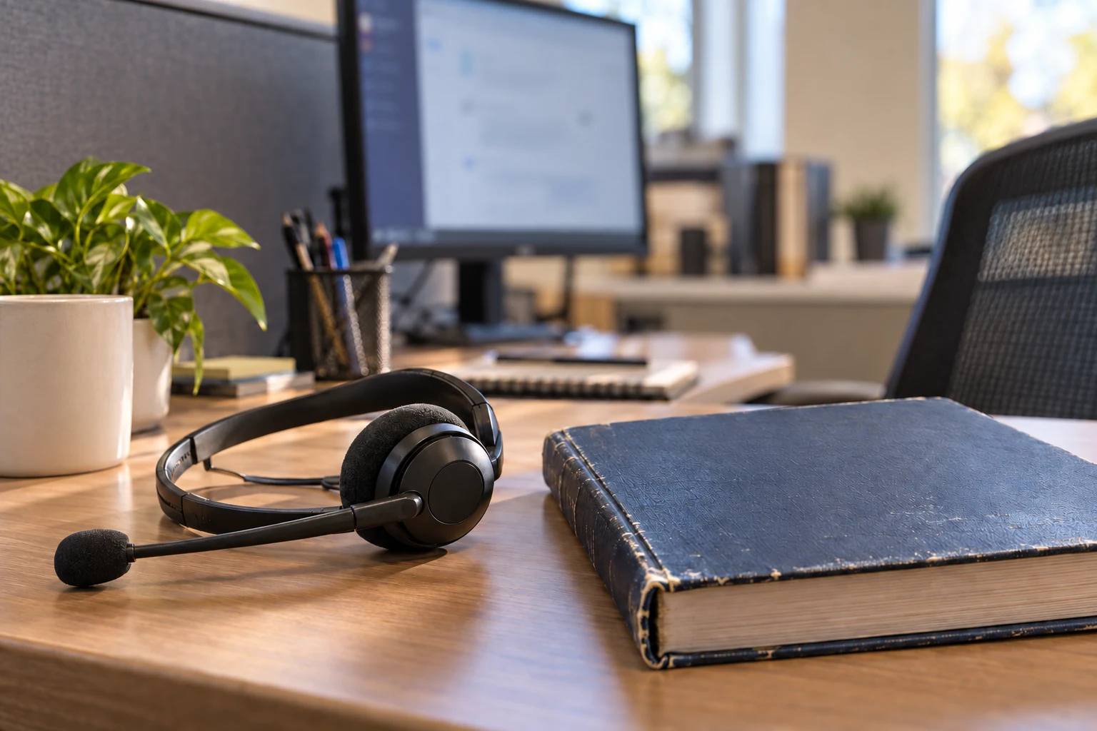 A headset and staff handbook at an internal service desk.