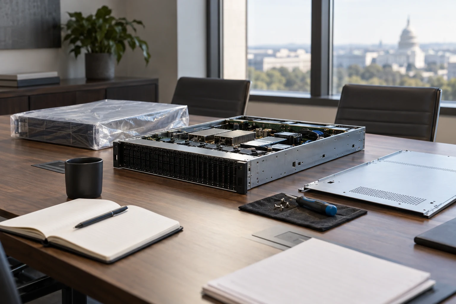 A vendor evaluation room with one real product opened for inspection, its service cover set carefully beside the chassis and a sealed reference sample.