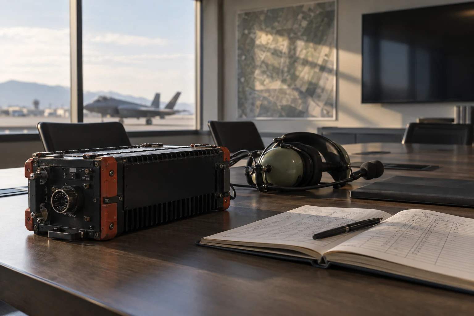 An empty flight-test debrief room with a rugged data recorder, a plain flight log and an unbranded pilot headset on the review table.
