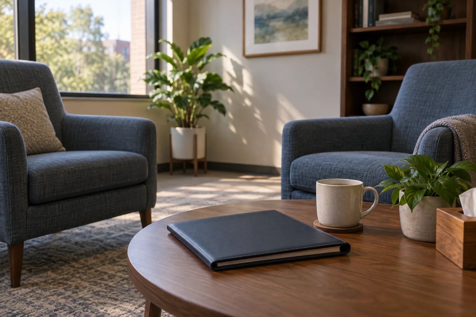 An empty behavioral-health consultation room with comfortable chairs, a closed assessment folio and soft daylight.