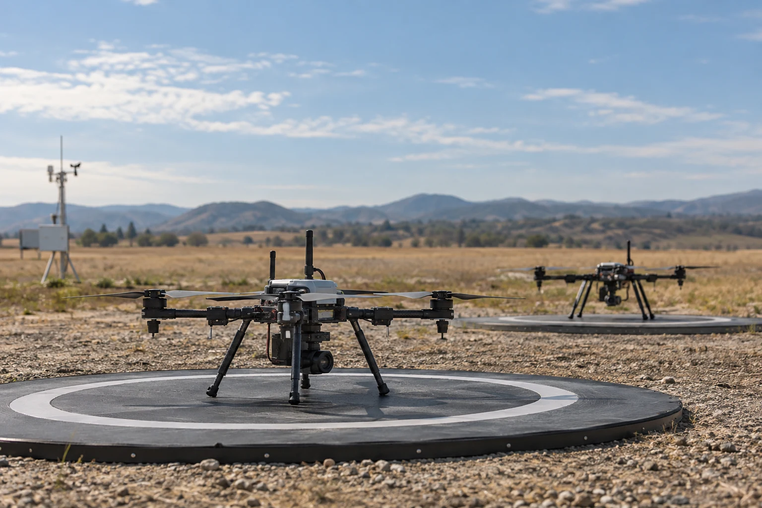 Two small unbranded research quadcopters resting on separate launch pads at a real open flight-test field.
