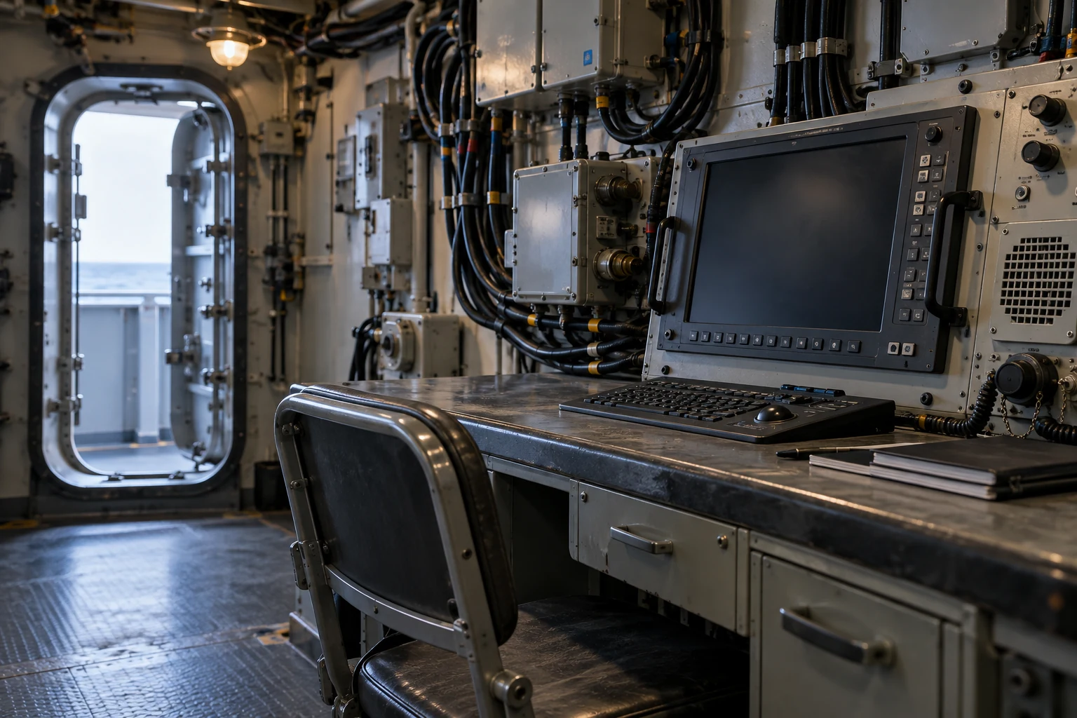 An empty shipboard electronics maintenance compartment with a serviceable rugged console and neatly routed marine connectors.