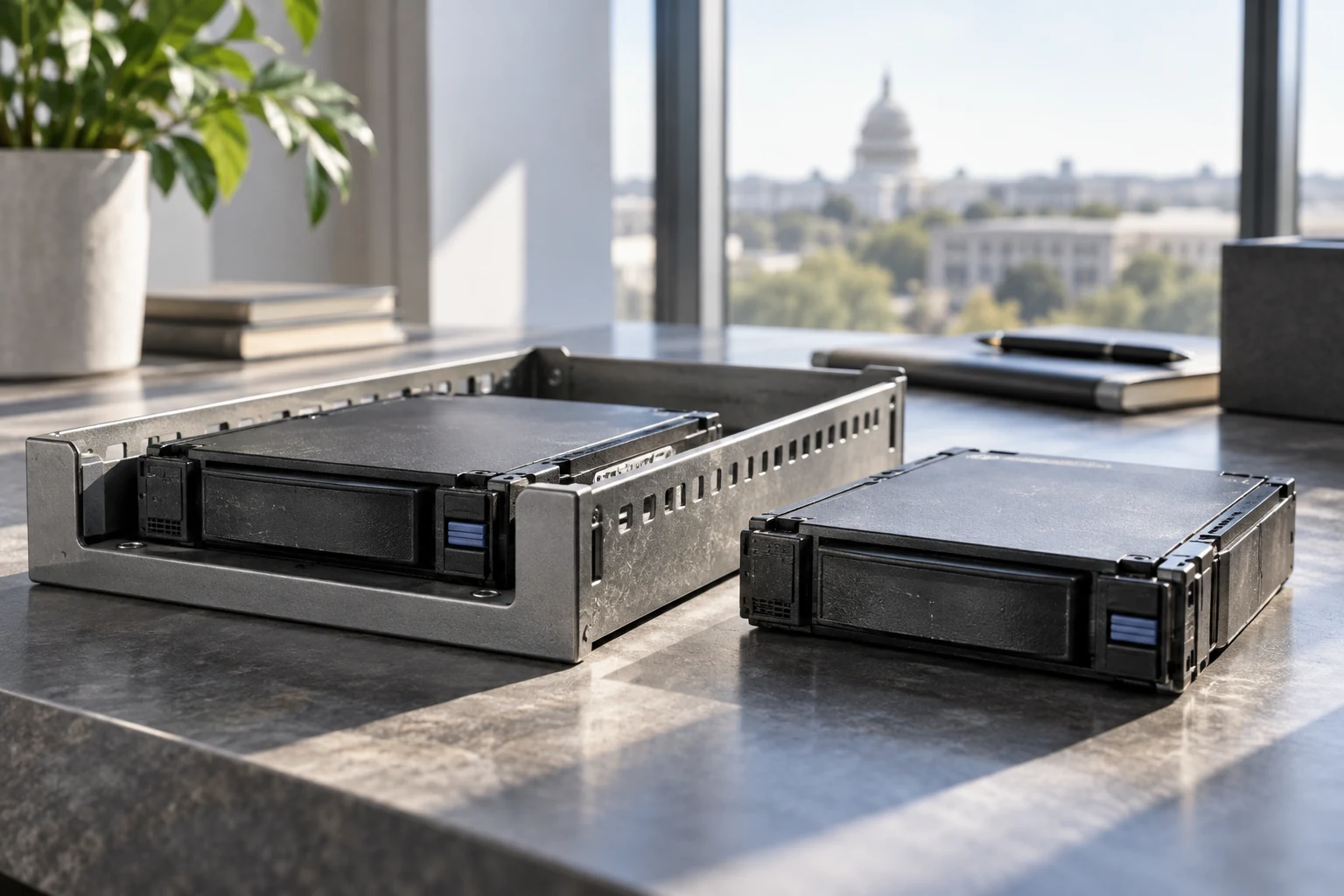 Two clearly separate removable system-storage cartridges on an ordinary deployment tray, one seated and one safely stored as a spare.