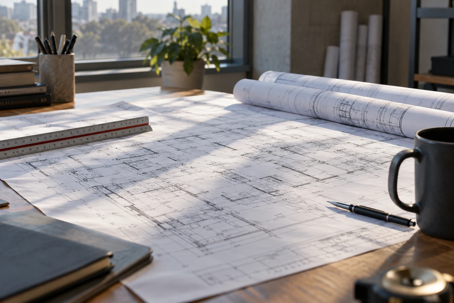 A large architectural floor plan spread on an actual drafting table beside a scale ruler and rolled drawing set.