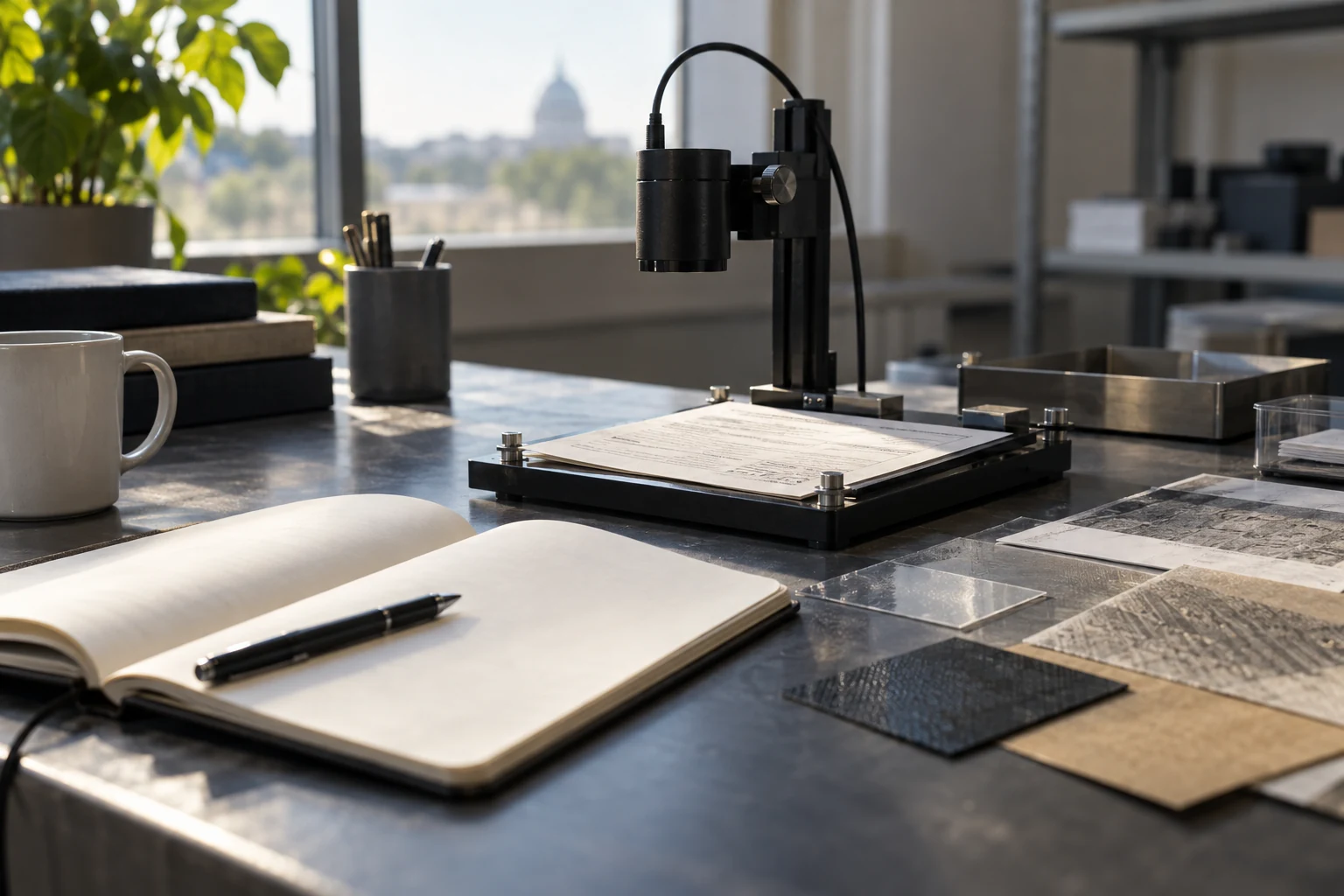An exploratory engineering bench with a single small test fixture, several carefully chosen material samples and an open blank-page lab notebook.