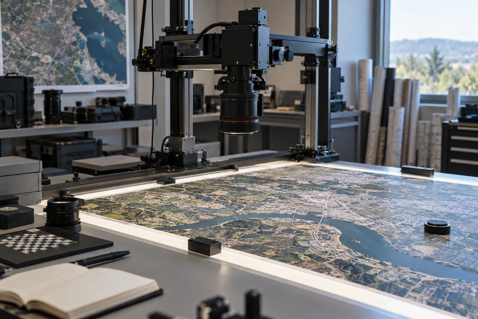 An aerial survey camera calibration rig with a large printed orthophoto on the adjacent light table.