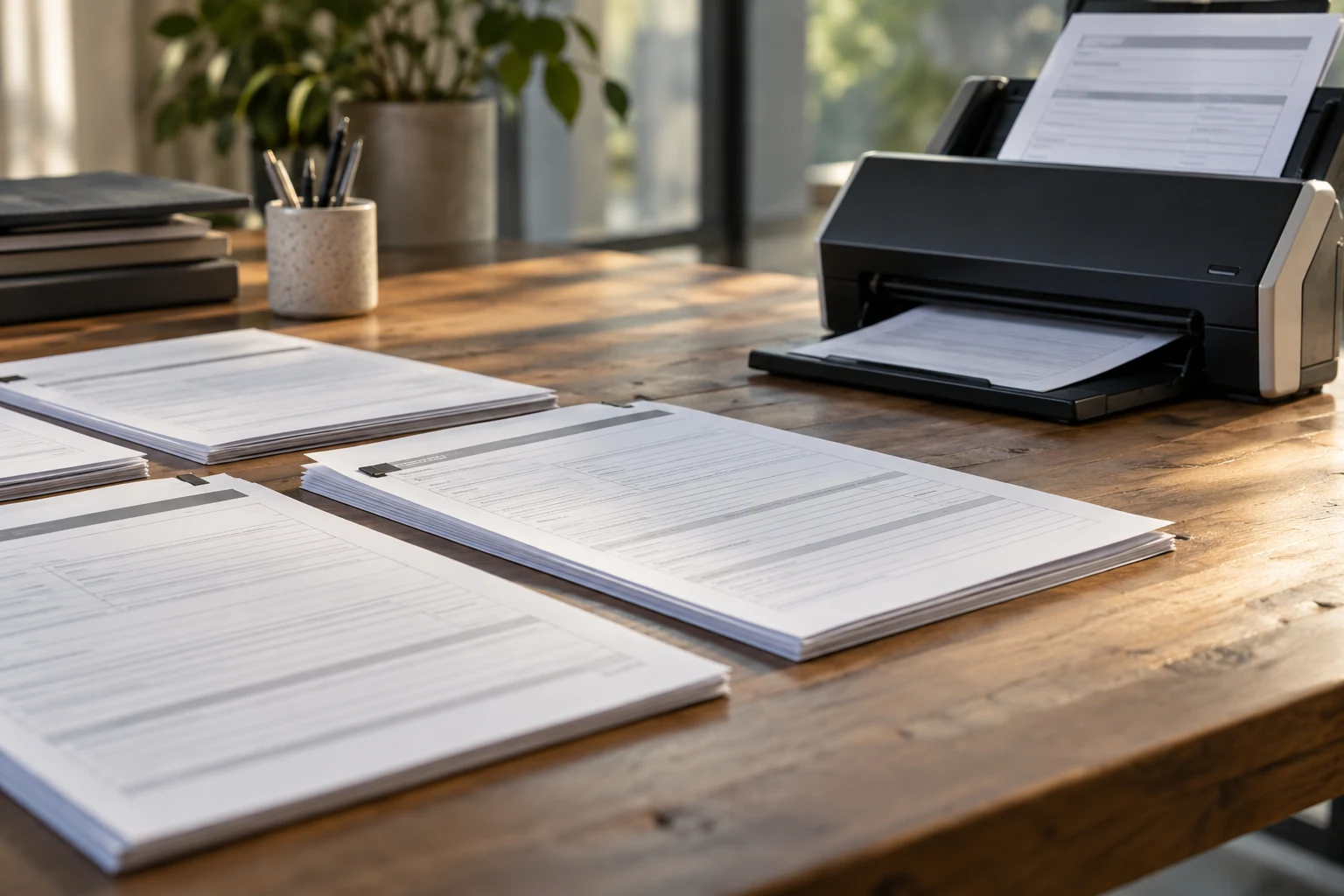 Neatly aligned printed forms with consistent fields and one simple document capture device, photographed at a precise oblique angle.
