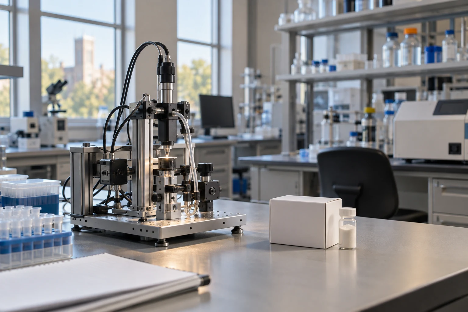 An empty university instrumentation lab with one bench-scale research assembly and a compact commercial packaging sample.