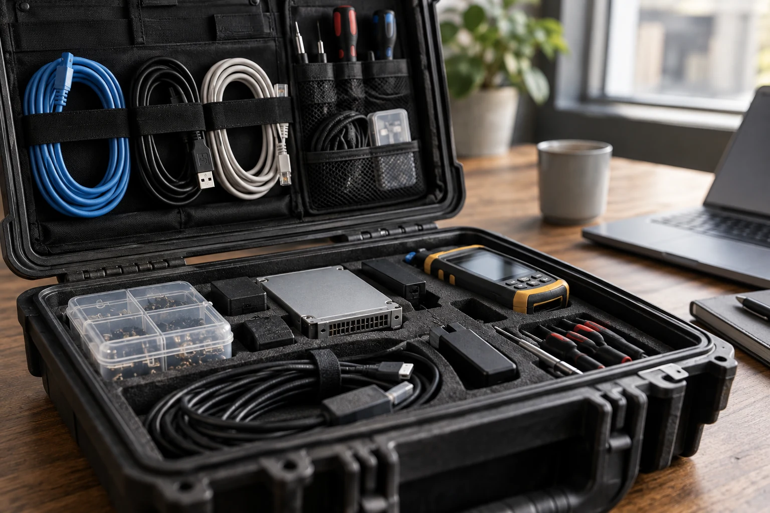 A real support-service kit with spare cables, a small replacement module and ordinary diagnostic tools in a well-used organized case.