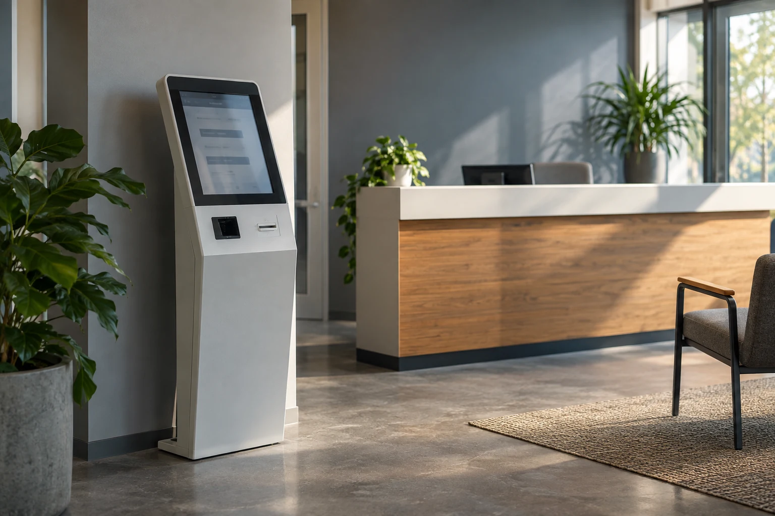 A practical internal service kiosk installed in a modest workplace reception area, with a plain durable enclosure and accessible controls.