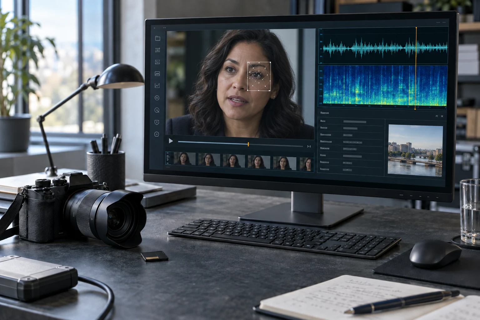 AI-generated conceptual illustration Camera and memory card beside a fictional media-analysis screen containing a video frame, landmarks, audio signal and spectrogram.