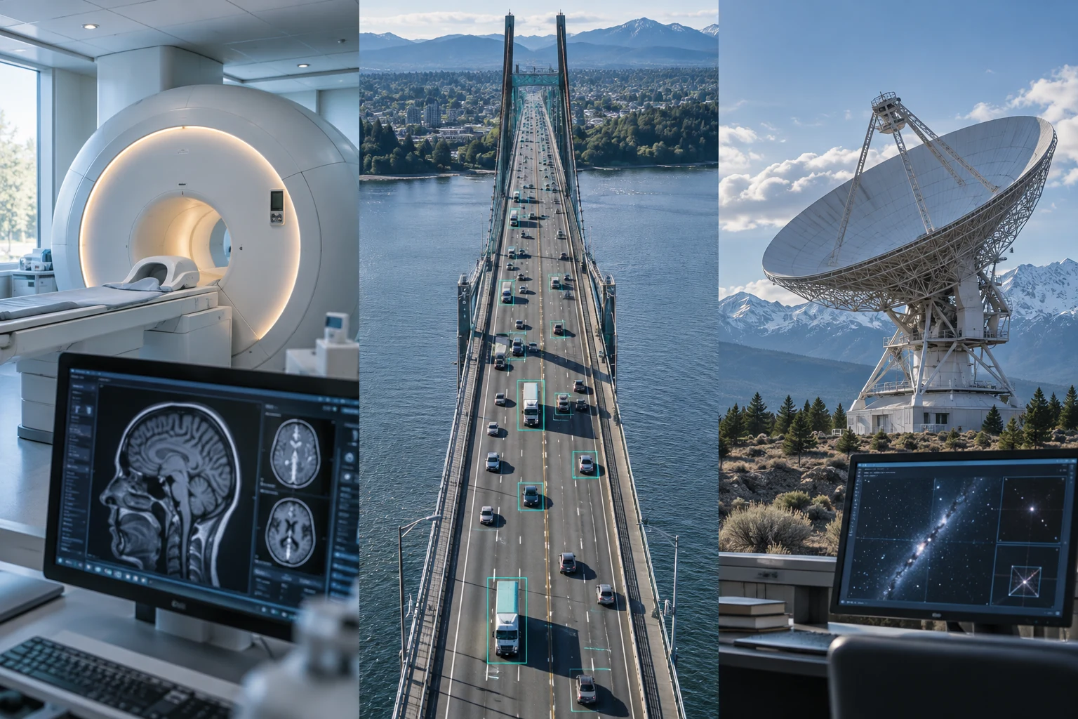 AI-generated conceptual illustration Photorealistic triptych of an MRI scanner, traffic on a bridge and a radio observatory, each paired with an illustrative data view.