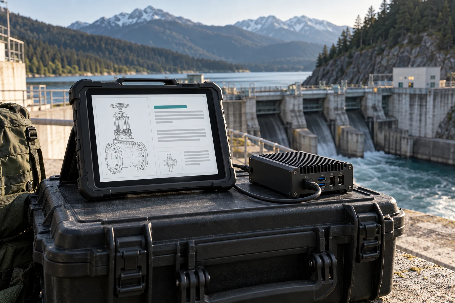 AI-generated conceptual illustration Rugged tablet and compact local computer connected on an equipment case near a hydroelectric installation.